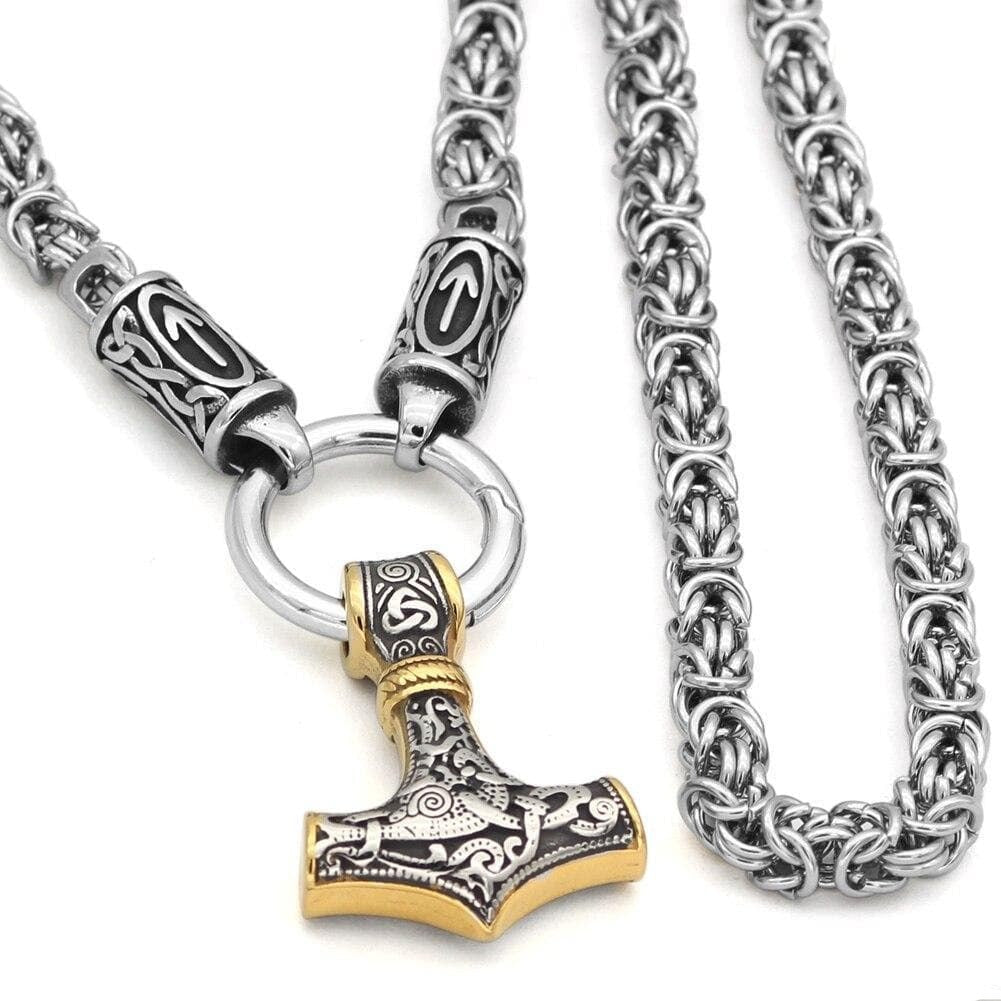 Satanic Kings Chain Braided King Chain With Runes And Gold Trimmed Mjolnir Pendant ...