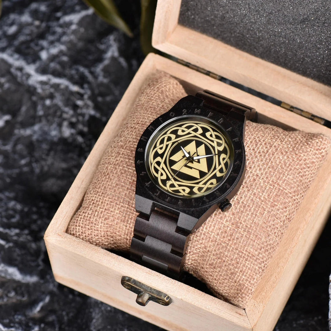 WOODEN VIKING WATCH WITH VALKNUT SYMBOL