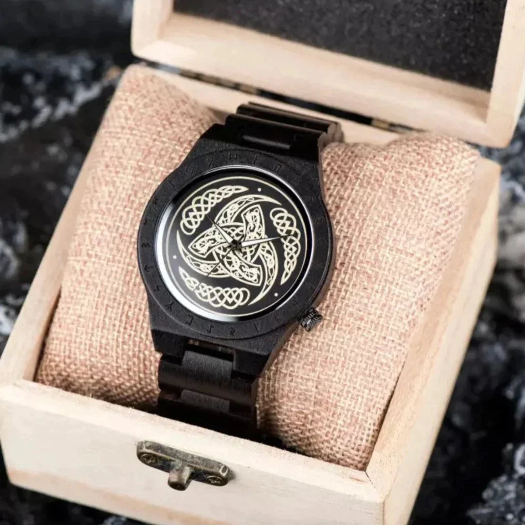 Wooden Viking Watch Featuring Odin's Triskelion