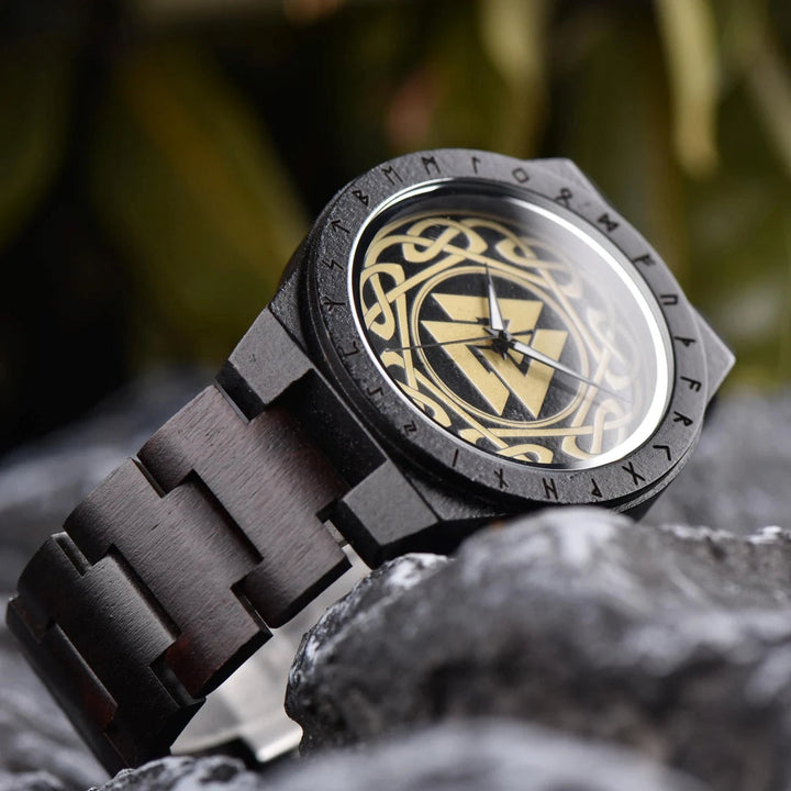 WOODEN VIKING WATCH WITH VALKNUT SYMBOL