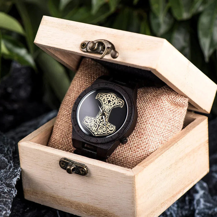 Wooden Viking Watch With Thor's Hammer Mjolnir