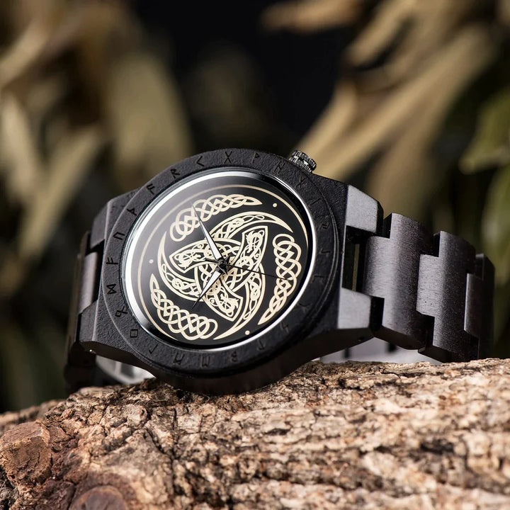 Wooden Viking Watch Featuring Odin's Triskelion