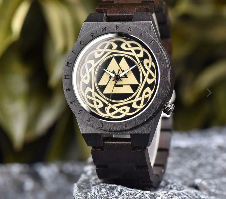 WOODEN VIKING WATCH WITH VALKNUT SYMBOL