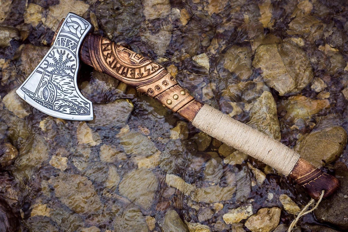 Engraved Viking Battle Axe With Inscribed Brown Leather Handle - Valhalla  Vikings