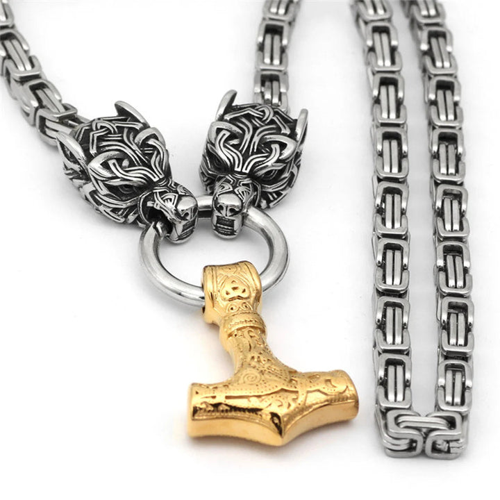 King Chain With Wolf Heads Biting The Ring Holding A Gold Mjolnir Pendant