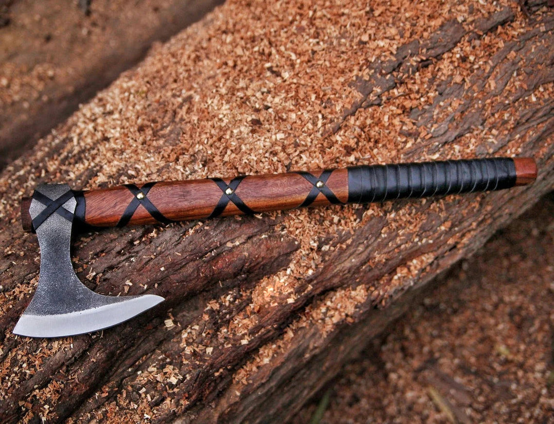 Ragnar Viking Battle Axe With Leather Wrapped Rosewood Shaft