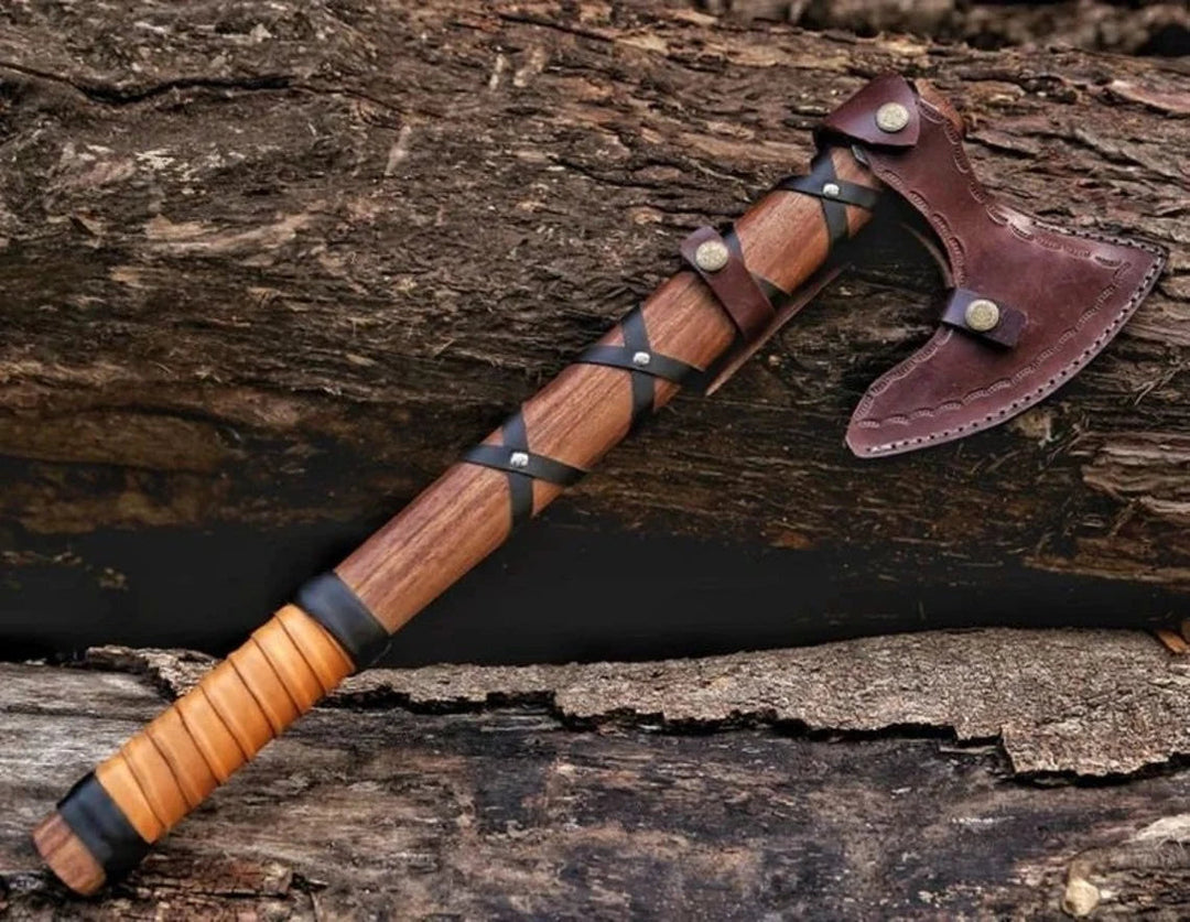 Ragnar Viking Battle Axe With Leather Wrapped Rosewood Shaft