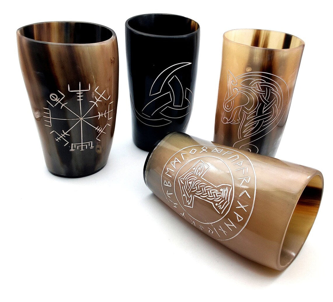 Engraved Natural Drinking Horn Cups - Set of 4