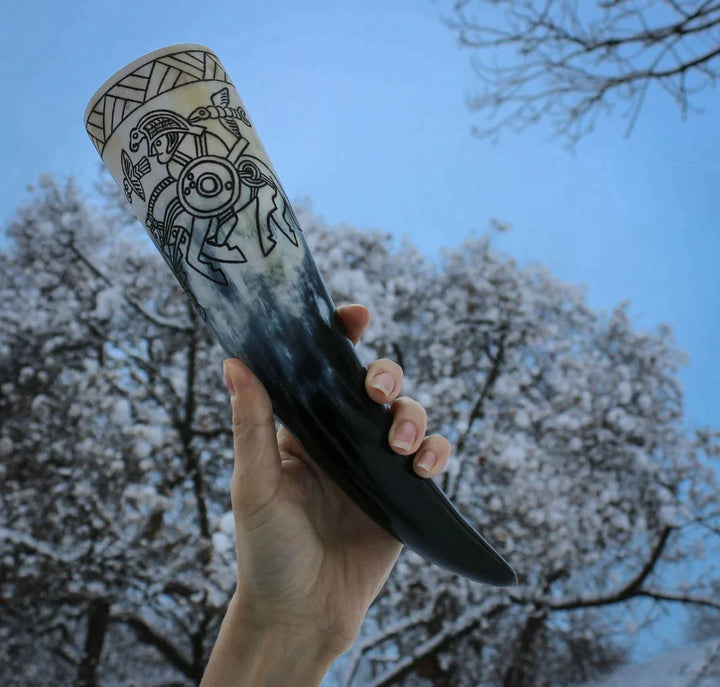 Carved Drinking Horn Featuring A Viking Warrior