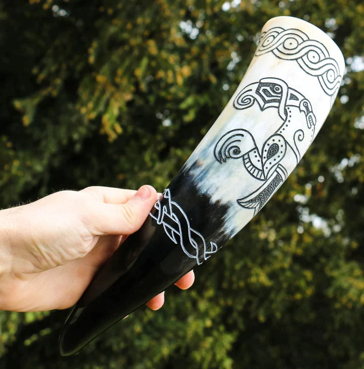 Carved Drinking Horn Featuring Viking Raven from Gotland