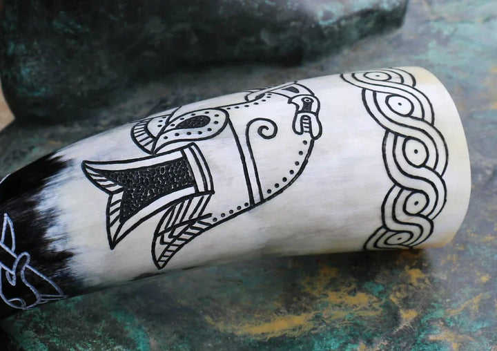 Carved Drinking Horn Featuring Viking Raven from Gotland