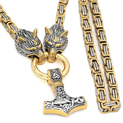 Gold Trimmed King Chain With Twin Wolf Heads Holding Mjolnir Pendant