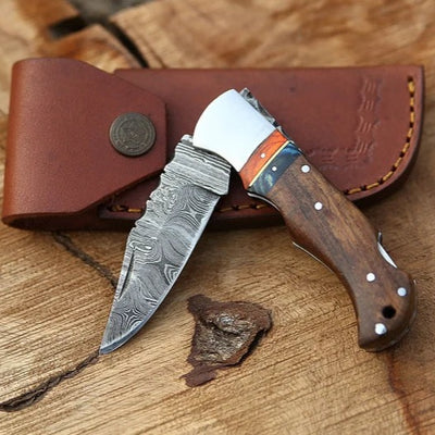 Lagertha's Hand forged Folding Pocket Knife With Wooden Handle And Leather Sheath