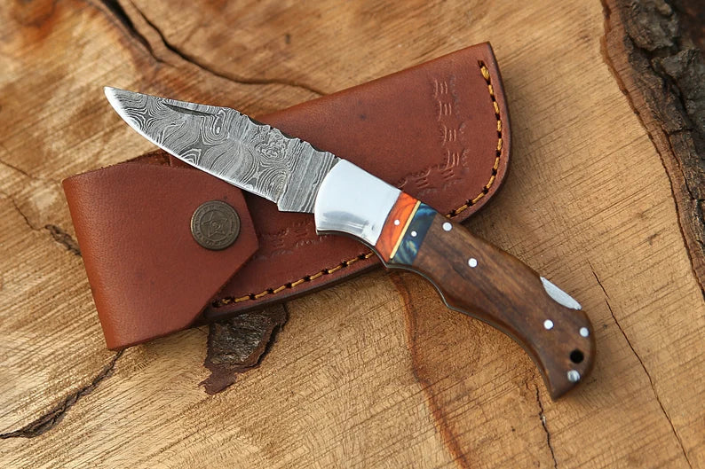 Lagertha Style Hand forged Folding Pocket Knife With Wooden Handle And Leather Sheath