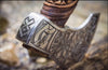 Engraved Viking Battle Axe With Inscribed Brown Leather Handle