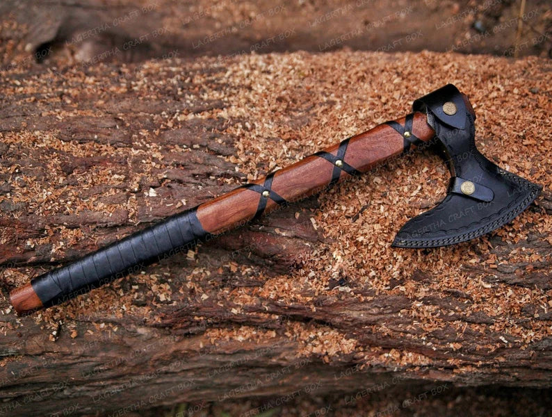 Ragnar Viking Battle Axe With Leather Wrapped Rosewood Shaft