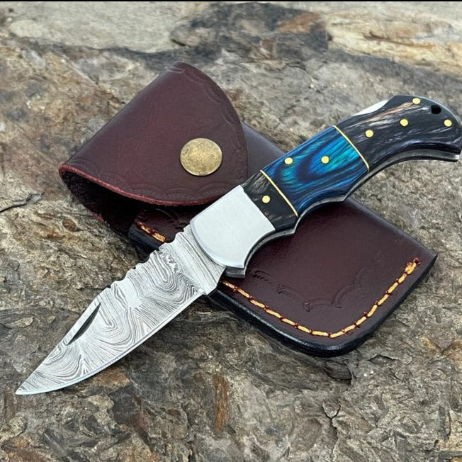 Lagertha Style Hand forged Folding Pocket Knife With Wooden Handle And Leather Sheath