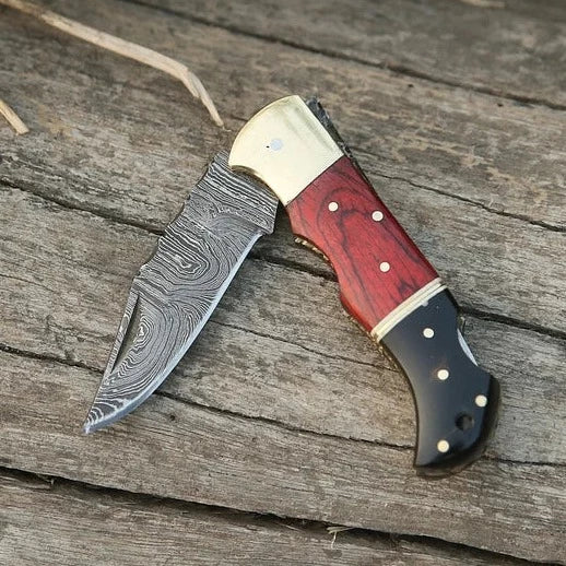 Lagertha Style Hand forged Folding Pocket Knife With Wooden Handle And Leather Sheath