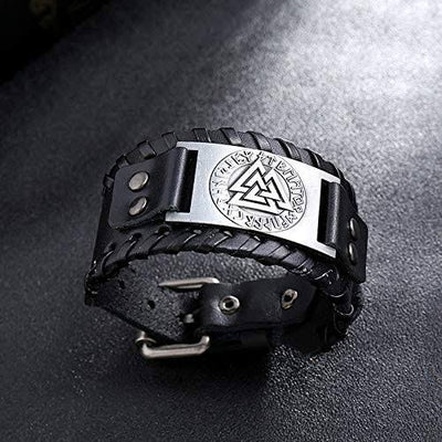 Viking Leather Bracelet - Valknut Symbol