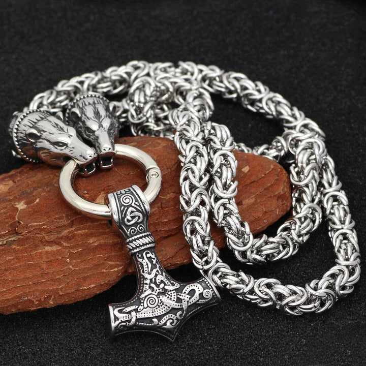 Silver King Chain Featuring Bear Heads Holding Mjolnir Pendant