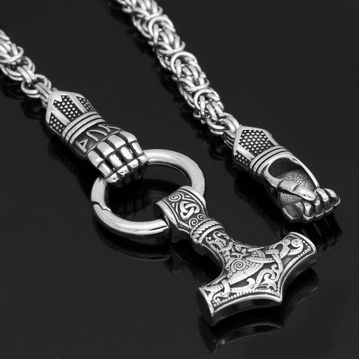 Braided King Chain With Berserker Holding Thor's Mjolnir Pendant