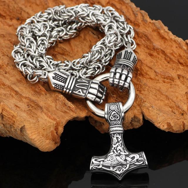 Braided King Chain With Berserker Holding Thor's Mjolnir Pendant