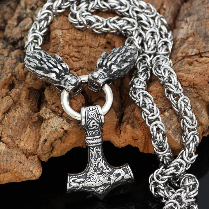 Braided King Chain With Twin Dragon Heads & Mjolnir Pendant