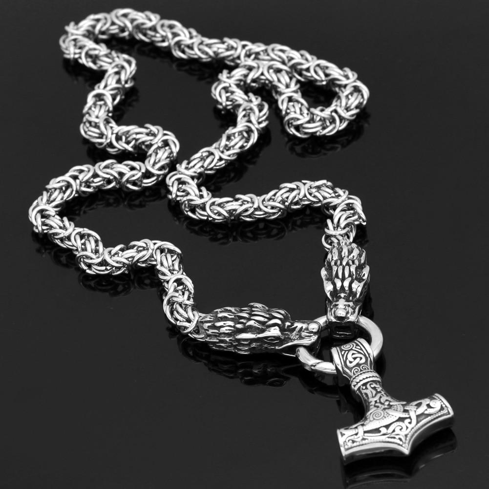 Braided King Chain With Twin Dragon Heads & Mjolnir Pendant