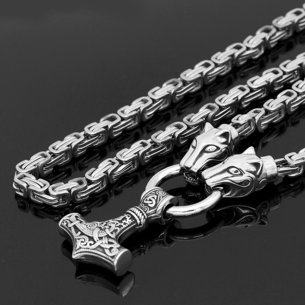 King Chain With Two Wolf Heads & Thor's Hammer Pendant