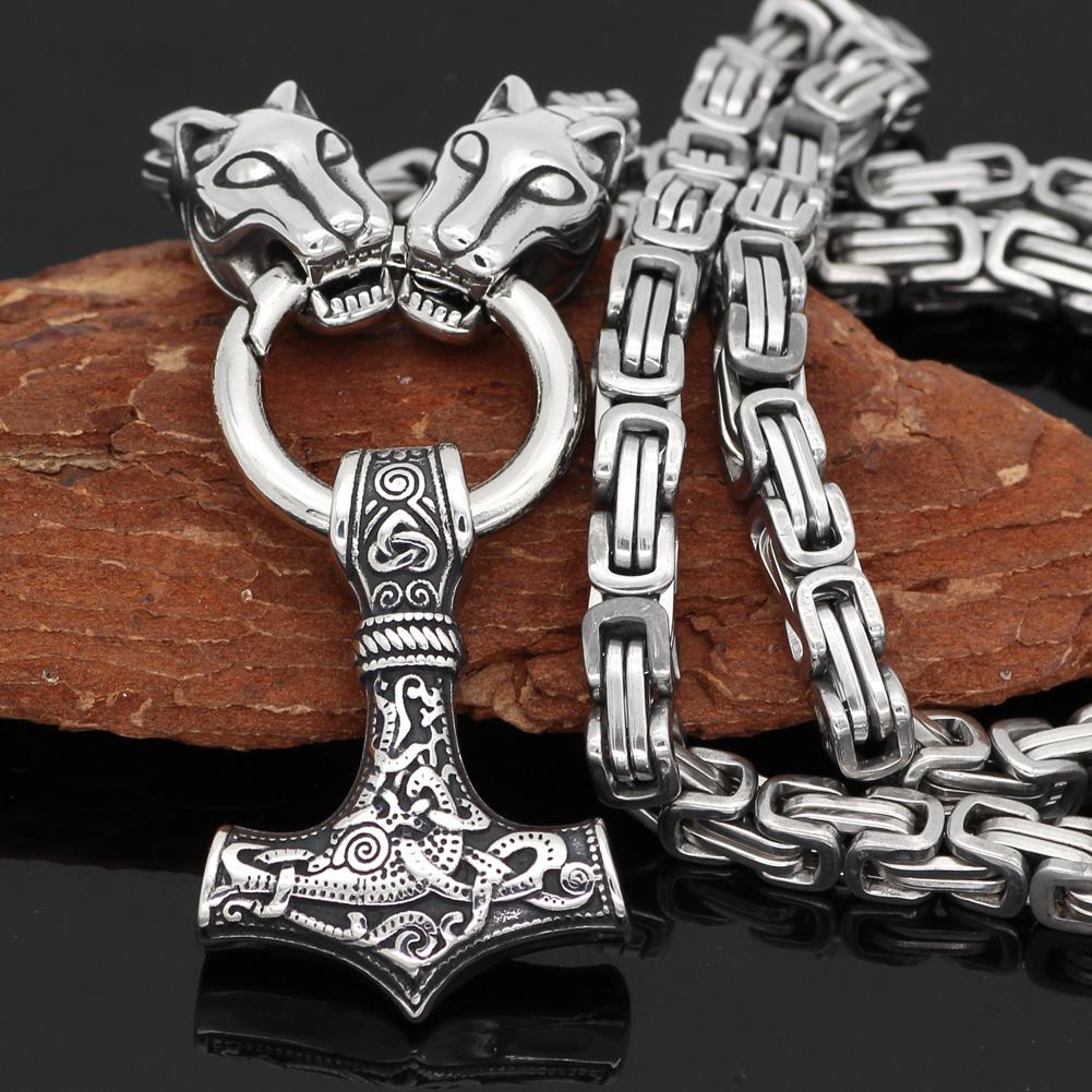 King Chain With Two Wolf Heads & Thor's Hammer Pendant