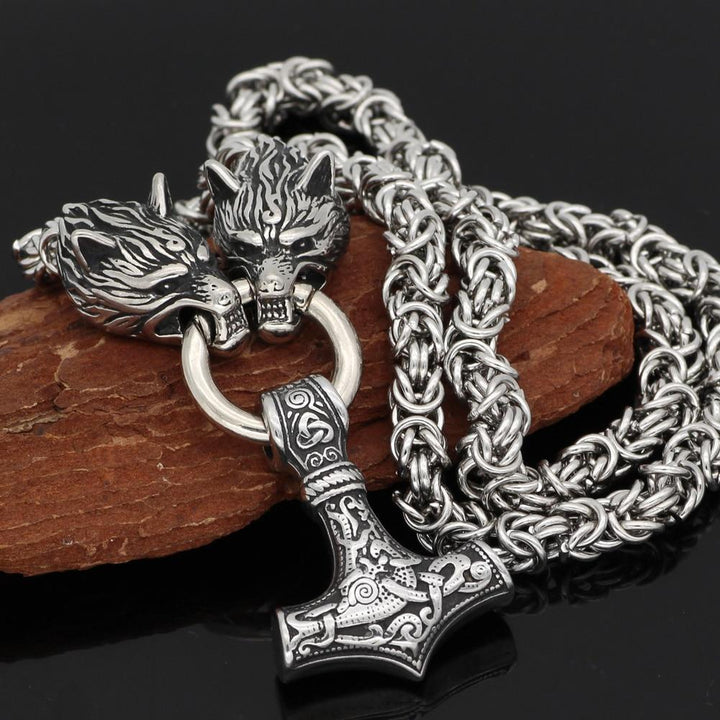 Silver King Chain With Mjolnir Pendant Held By Wolves Heads