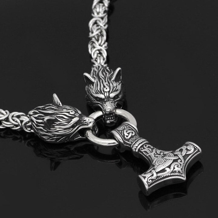 Silver King Chain With Mjolnir Pendant Held By Wolves Heads