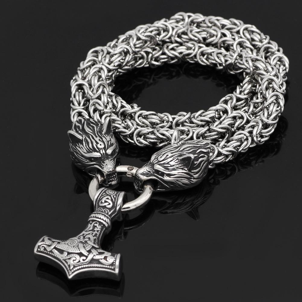 Silver King Chain With Mjolnir Pendant Held By Wolves Heads