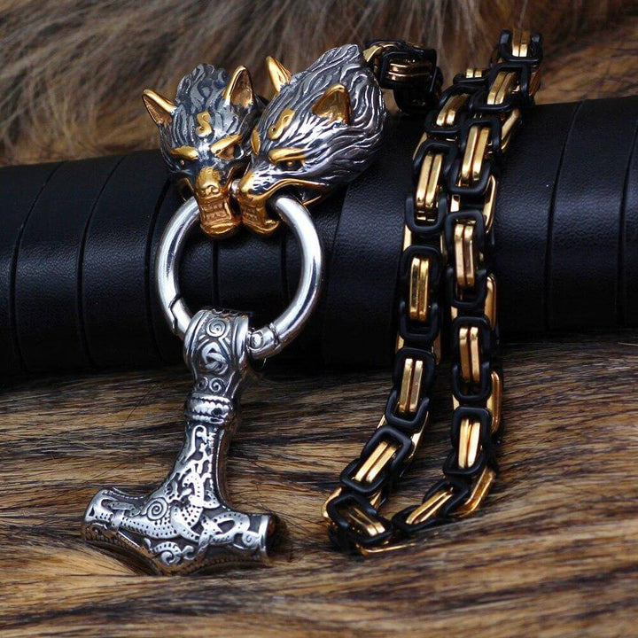 Gold And Black Trimmed King Chain With Wolves Biting The Ring Holding A Mjolnir Pendant