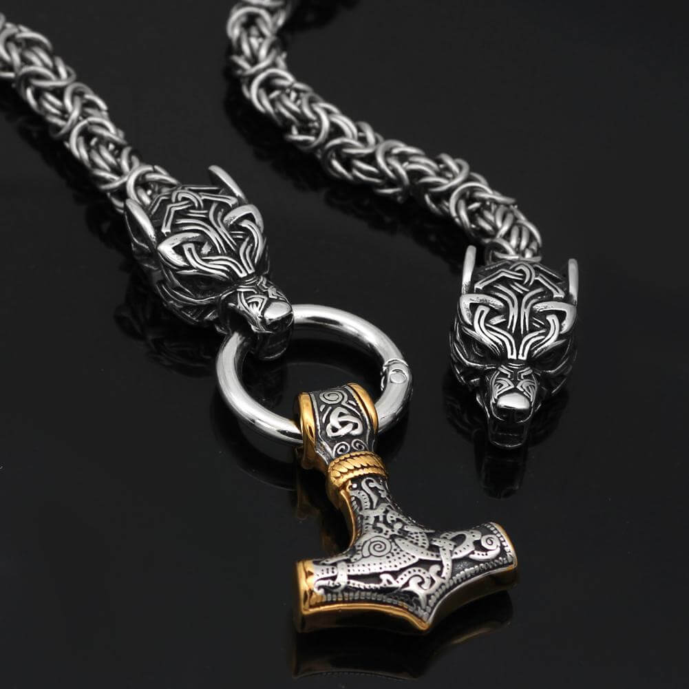 Stainless steel wolf hot sale head chain with mjolnir