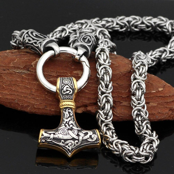 Braided King Chain With Runes And Gold Trimmed Mjolnir Pendant