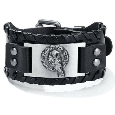 Viking Leather Bracelet With Norse Raven