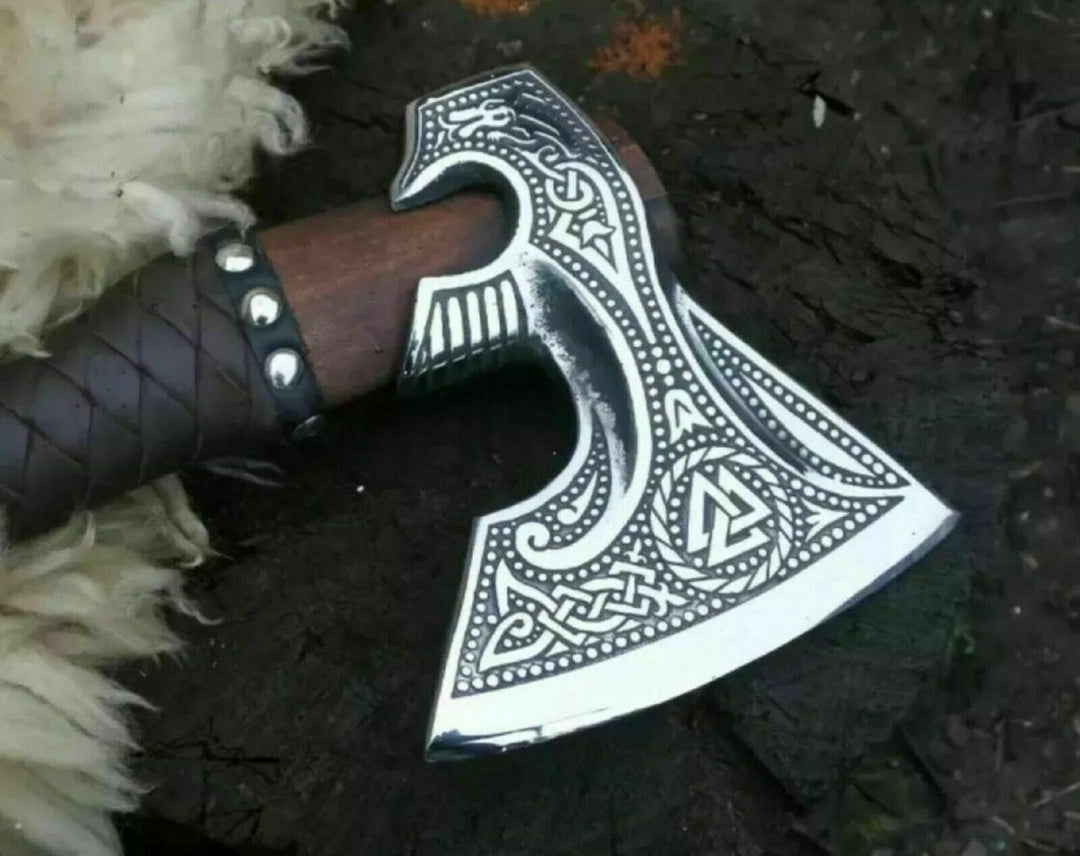 Medieval Viking Battle Axe With Valknut Symbol