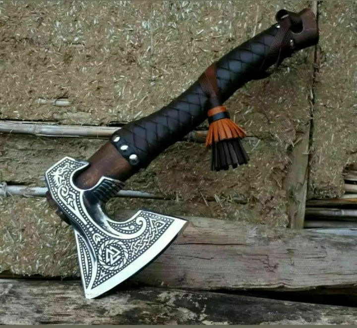 Medieval Viking Battle Axe With Valknut Symbol