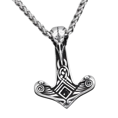 Thor Hammer Necklace - Raven Skull