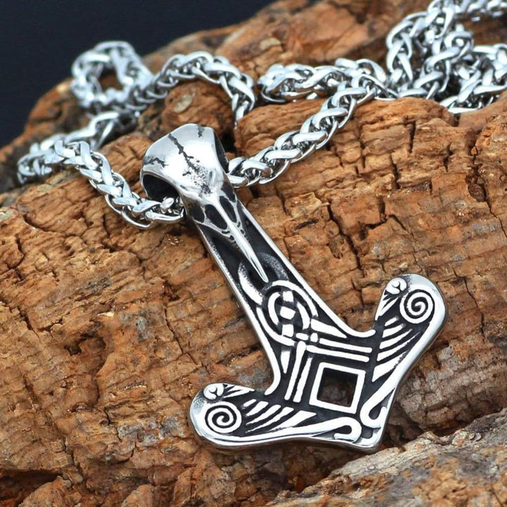 Thor Hammer Necklace - Raven Skull