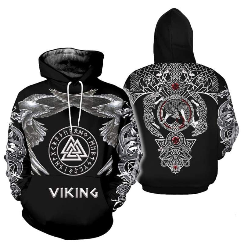 Viking Hoodie With Odin's Ravens And Valknut Prints
