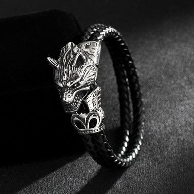 Viking Leather Bracelet - Fenrir Wolf