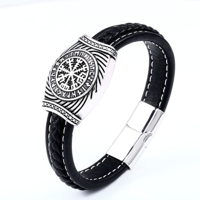 thumbnail image 2 of Viking Leather Bracelet – Victory Or Valhalla Cuff With Vegvisir Compass & Beads (Adjustable Slipknot) 2 of 5