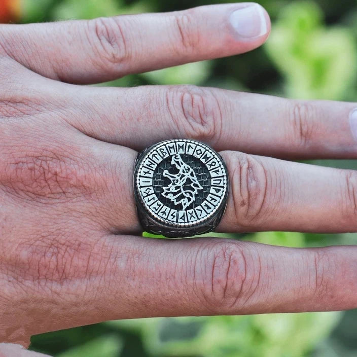 Viking Ring - Fenrir in Runic Circle