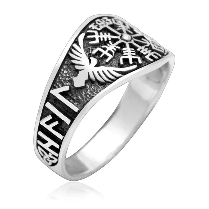 Viking Ring - Silver Vegvisir Ravens