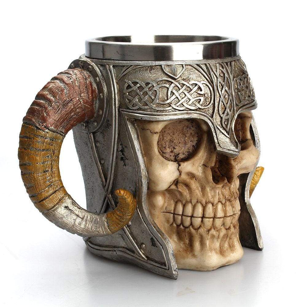 Viking Tankard Mug - Handcrafted Skull With Steel Horned Helmet