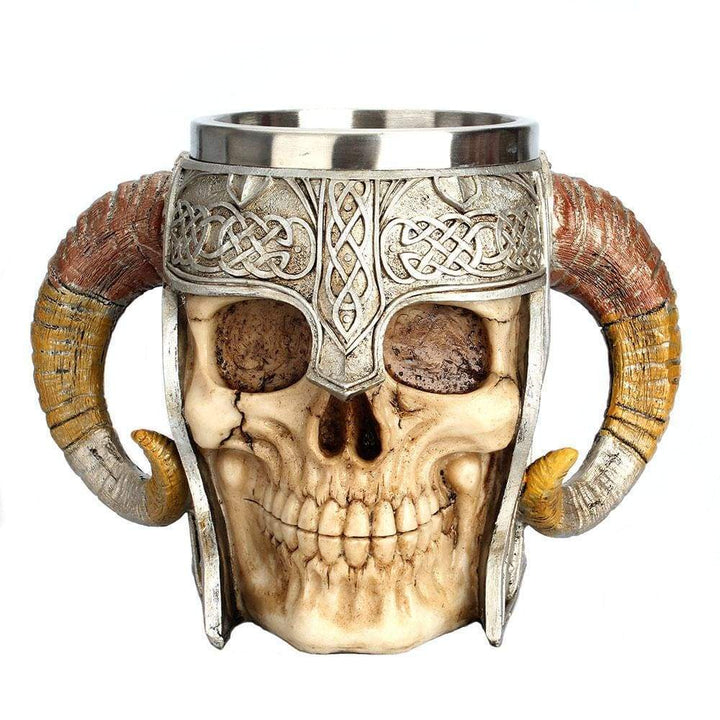 Viking Tankard Mug - Handcrafted Skull With Steel Horned Helmet