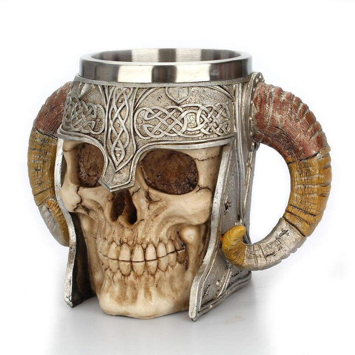 Viking Tankard Mug - Handcrafted Skull With Steel Horned Helmet