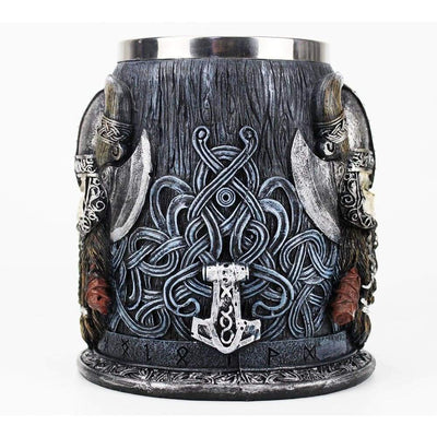 Mjolnir Tankard Mug Featuring A Viking Skull With Horned Helmet